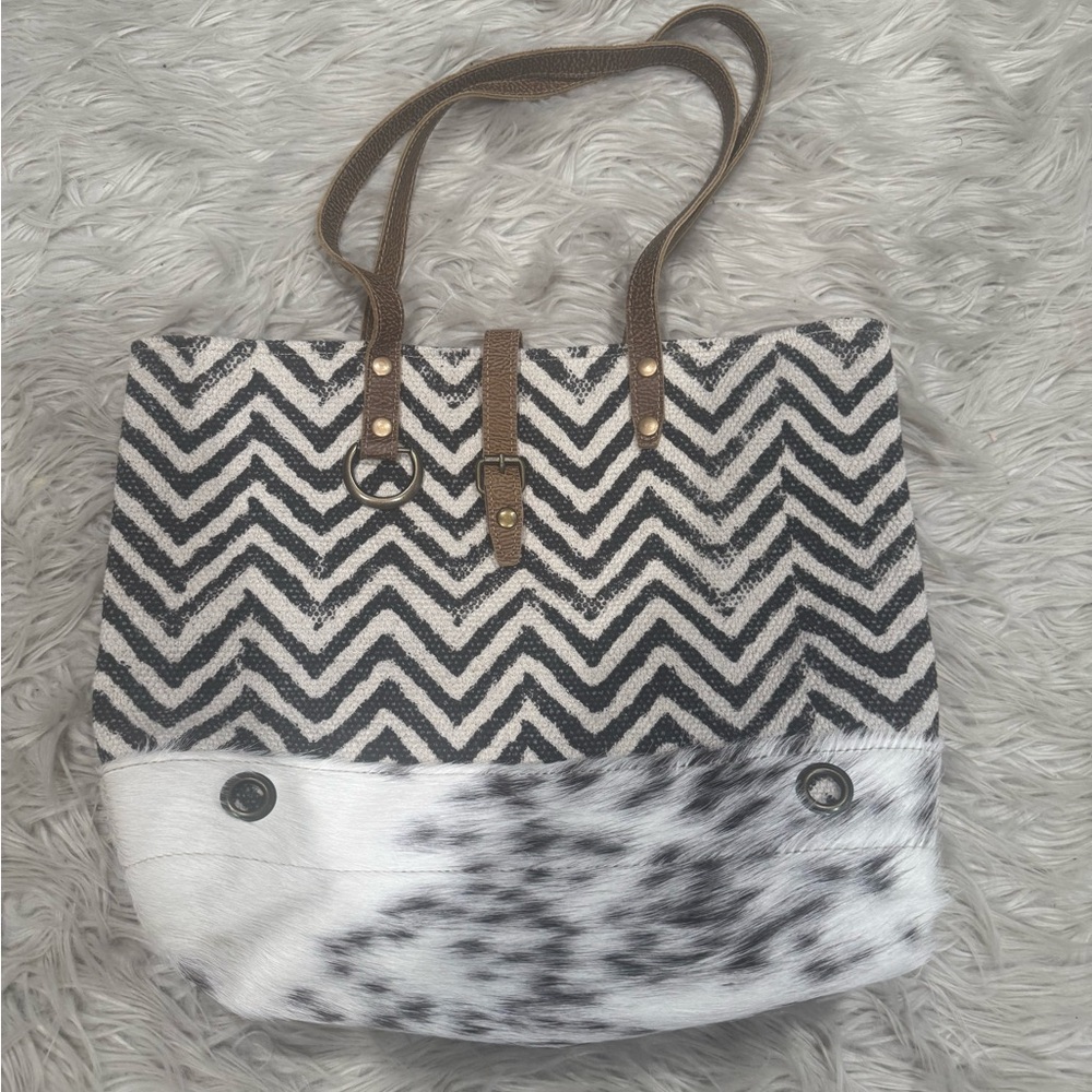 Myra Bag Black and White Chevron Tote with Brown Straps